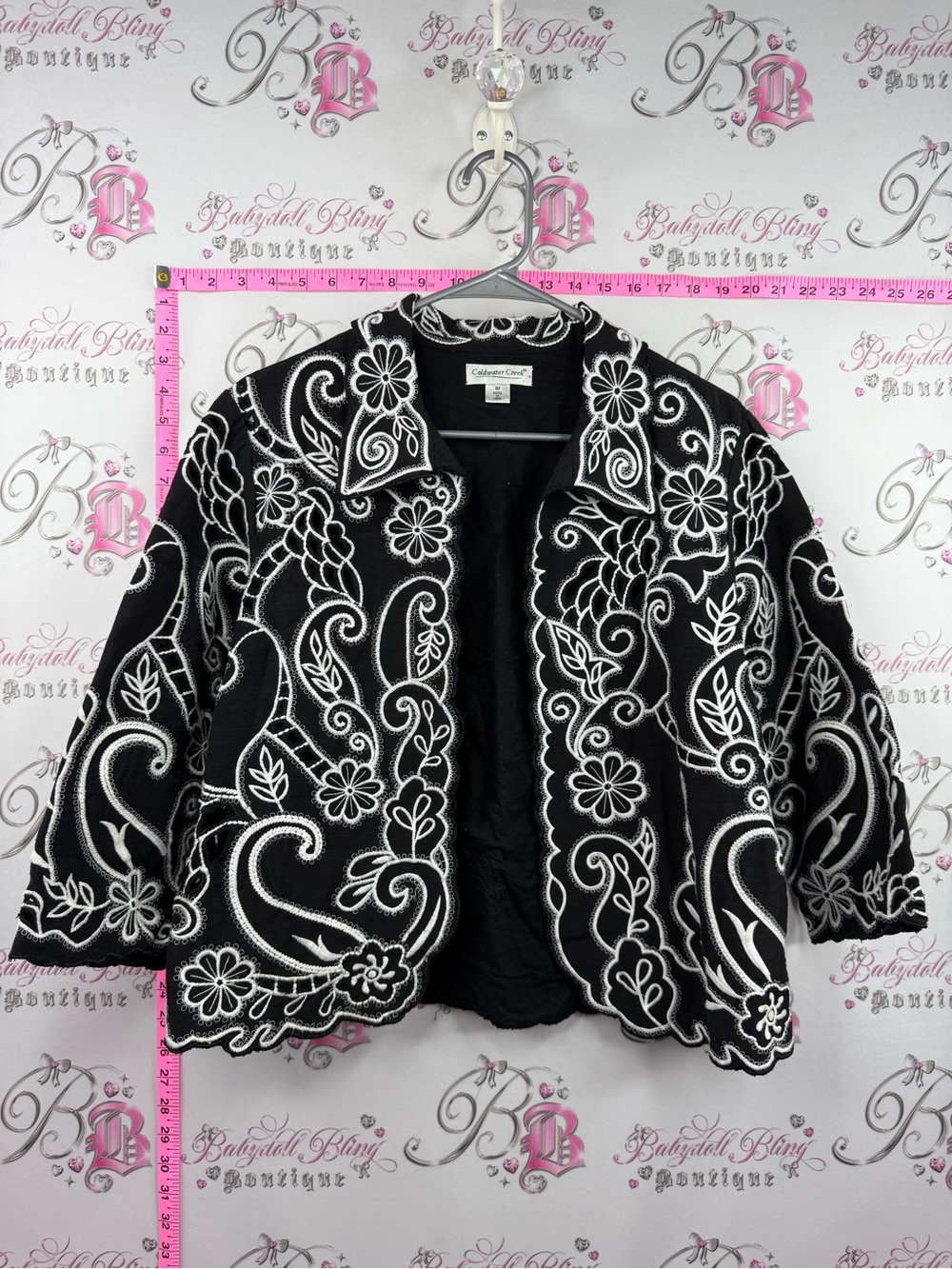 Coldwater Creek jacket blazer Black Jacket with White Floral Embroidery